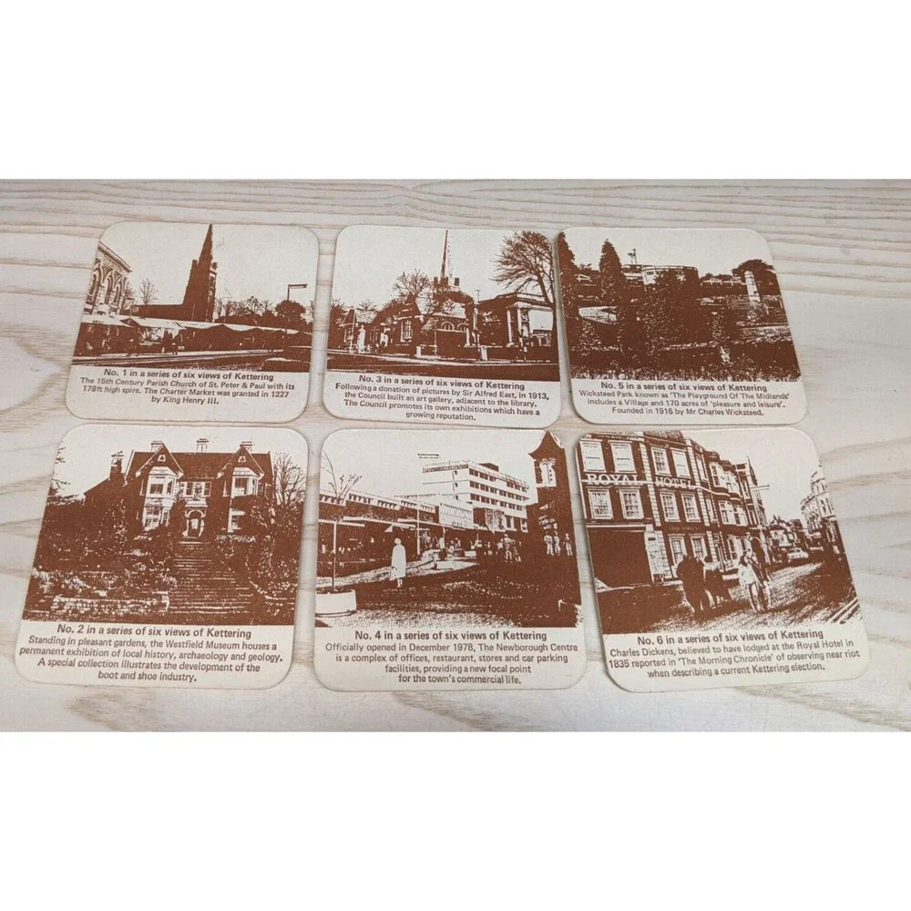 Vtg Kettering Photo Views  Coasters Set of 6 England Barware Pub Coleman Bird AD